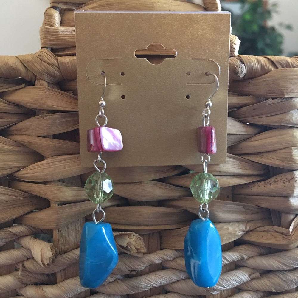 Boho style multi tone/material drop earrings